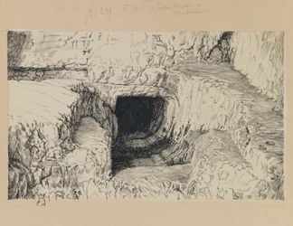 Den runda stenen sedd från utsidan, illustration från Vår Herre Jesu Kristi liv (bläck på papper)