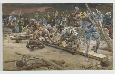Spiken för fötterna, illustration från Vår Herre Jesu Kristi liv, 1886-94 (wc över grafit på papper)