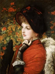 Skönhetstyp: porträtt av fru Kathleen Newton i röd klänning och svart hätta, 1880