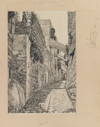 Via Dolorosa, Jerusalem, illustration från Vår Herre Jesu Kristi liv (bläck & grafit på kartong)