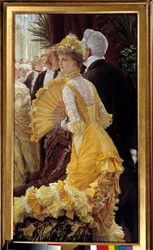 Gul klänning: elegant par under en social kväll Målning av Jacques Joseph (Jacques-Joseph) Tissot dit James Tissot (1836-1902) 1878 Sön. 0,9x0,5 m Paris, musee d