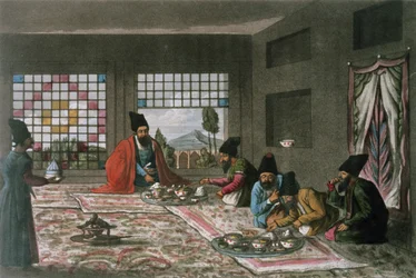 En persisk frukost från "En andra resa genom Persien 1810-16" graverad av Theodore H.A. Fielding (1781-1851)