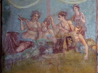 Fresko av romersk överklass i lyx som njuter av livet upptäckt i Pompeji. Pompeji, Italien.