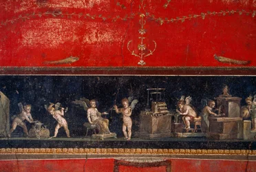 Freskofynd från Pompeji visar guldsmidande keruber i arbete. Pompeji, Italien.