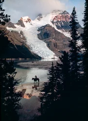 Ensam häst och ryttare speglar sig i sjön vid foten av Kanadas högsta bergstopp. Mount Robson...