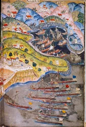 Pirater anfaller Nice, Frankrike som hölls av det romerska imperiet, 1543. Topkapi-museet, Istanbul, Turkiet.
