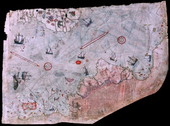 Kartan över Piri Reis Haritasi färdigställd 1513. TOPKAPIPALATSETS MUSEUM, ISTANBUL, TURKIET.