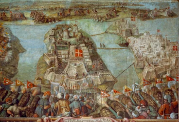Denna fresk skildrar den turkiska belägringen av Malta 1565. Konstverk.