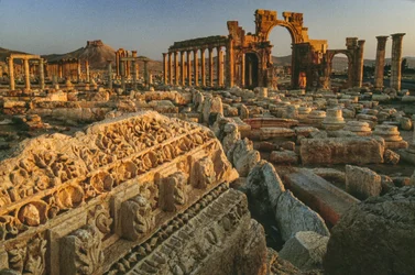 Vy över de romerska ruinerna i Palmyra. PALMYRA, SYRIEN.