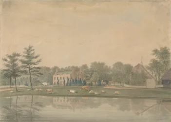 North East View av ett hus vid Ringmer med nötkreatur och får vid en damm