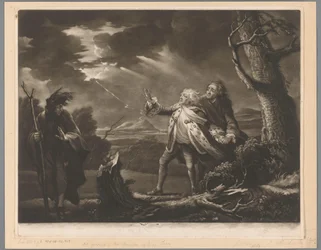 David Garrick som kung Lear med jarlen av Kent och Edgar utklädd till Tom i ett stormigt landskap