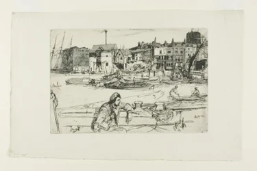 Black Lion Wharf, från en serie sexton etsningar av scener på Themsen ("Themsen-uppsättningen")