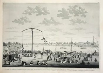 Utsikt på Banks of the Ganges med representation av Churruck Poojah …, pub. 1810 gravyr.