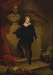 Mäster Betty som Hamlet, framför en byst av Shakespeare