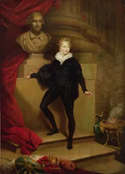 Mästare Betty som Hamlet före en byst av Shakespeare, c.1804-06