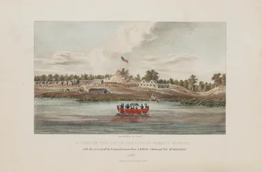En vy över Butte Des Morts Treaty Ground; med ankomsten av kommissionärerna Gov. Lewis Cass och Col. McKenny, från The Aboriginal Portfolio