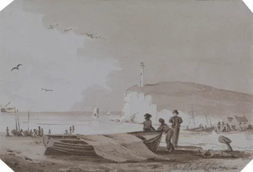 Kustscen med figurer, båtar, fyr, etc.