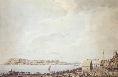 En utsikt från staden Quebec, Kanadas huvudstad, tagen från färjehuset på motsatta sidan av floden, 3 oktober 1784 (penna & bläck och akvarell på papper)