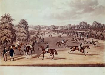 Hästkapplöpning vid Epsom före avresa Illustration av James Pollard (1792-1867) 1800-talets privatsamling