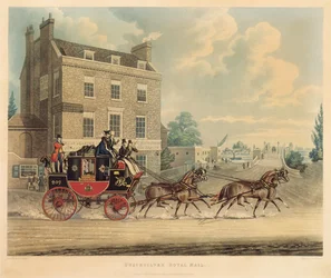Quicksilver Royal Mail passerar stjärnan och strumpebandet vid Kew Bridge, 1835