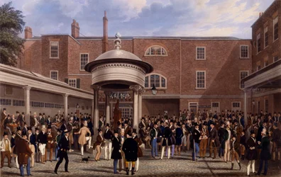 Settling Day at Tattersalls, tryck gjord av Charles Hunt, 1836 (akvatint)