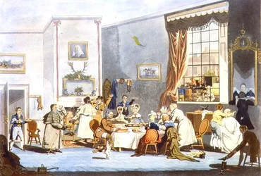 Scenbusspassagerare vid frukost (gravyr)