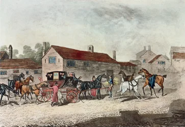 The Mail Coach Changing Horses, graverad av R. Havell, 1815