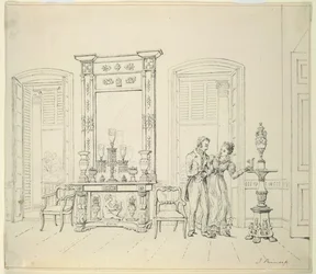 En engelsk dam och gentleman i en salong, Calcutta, ca 1830