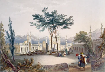 Moskén för Goolaum Hoossein Huzrut-Jee, afghanernas stora profet, och kungarnas gravar i Kandahar, tavla 30 från "Scenery, Inhabitants and Costumes of Afghanistan", graverad av R. Carri.