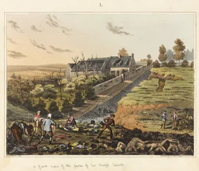 En frontvy av gården La Haye Sainte, från "En historisk redogörelse för slaget vid Waterloo