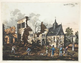 Slottet Hougoumont: En vy av interiören reducerad till en hög av ruiner
