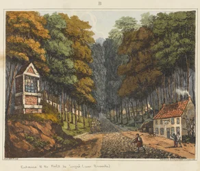 Ingången till Foret de Soigne, nära Bryssel, 1815, från "An Historical Account of the Battle of Waterloo", 1817 (färgad akvatint)