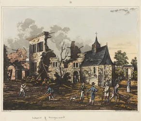 Interiör av Hougoumont, från "An Historical Account of the Battle of Waterloo", 1817 (färgad akvatint)