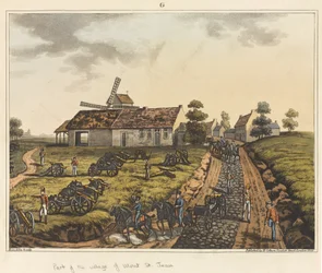 En del av byn Mont St Jean, från "An Historical Account of the Battle of Waterloo", 1817 (färgad akvatint)