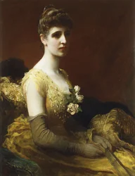 Porträtt av Lady Dixon av Rheda, tre fjärdedels längd, sittande iklädd en gul klänning med blommor som håller en solfjäder,