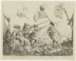 Spotprent op Goejanverwellesluis, 1787 Patriotiska borgare attackerar House of Orange (titel på objekt)