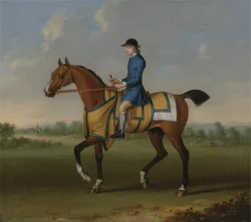 A Bay Racehorse with Jockey Up (olja på duk)