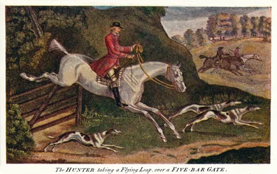JÄGAREN tar ett flygande språng, över en fembarsport, c1740, 1922