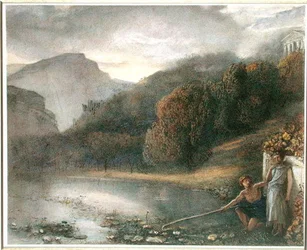 Landskap med tempel och pastorala figurer (akvarell på papper)