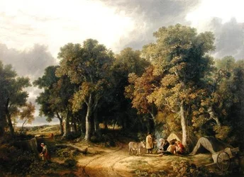 Läger i ett skogsområde (olja på duk)