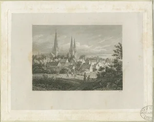 Lichfield Cathedral - North North West view (avlägsen): gravyr, nd [c 1816] (tryck)