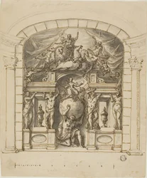 Design för scenografi (Hampton Court) med mytologiska figurer