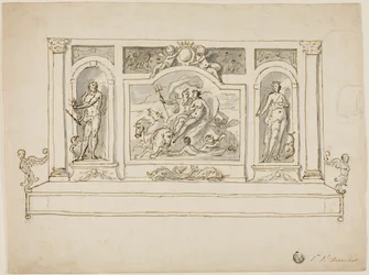 Neptunus och Amphitrite flankerade av Jupiter och Juno: Design för målad hall- eller trädgårdsbänk