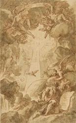 Förberedande teckning för gravyr av C. du Bosc, för kapellbibeln på Royal Marine College. Arbete (43x26,6 cm) av James Thornhill (1675-1734), början av 1700-talet.