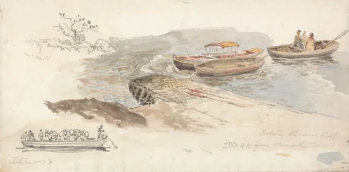 En båt med kapell och två roddbåtar vid en brygga; infälld vänster, en blyertsstudie av Tintern Livestock Ferry-boat