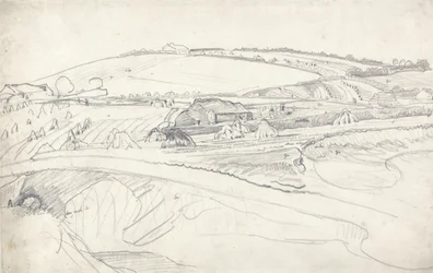 Landskap med gård och majsstockar (penna på papper)