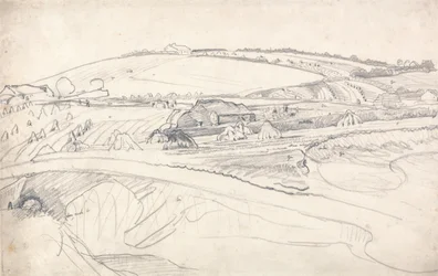 Landskap med gård och majsstjälkar