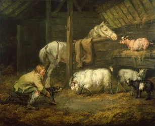 Ung pojke och hans hund i ett stall med en häst och får (olja på duk)