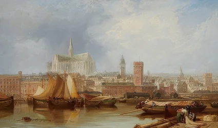 Utsikt över Köln med den ofärdiga katedralen
