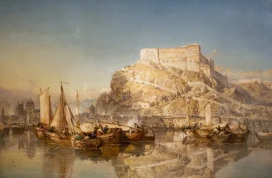 Staden och fästningen Huy vid floden Meuse, 1880